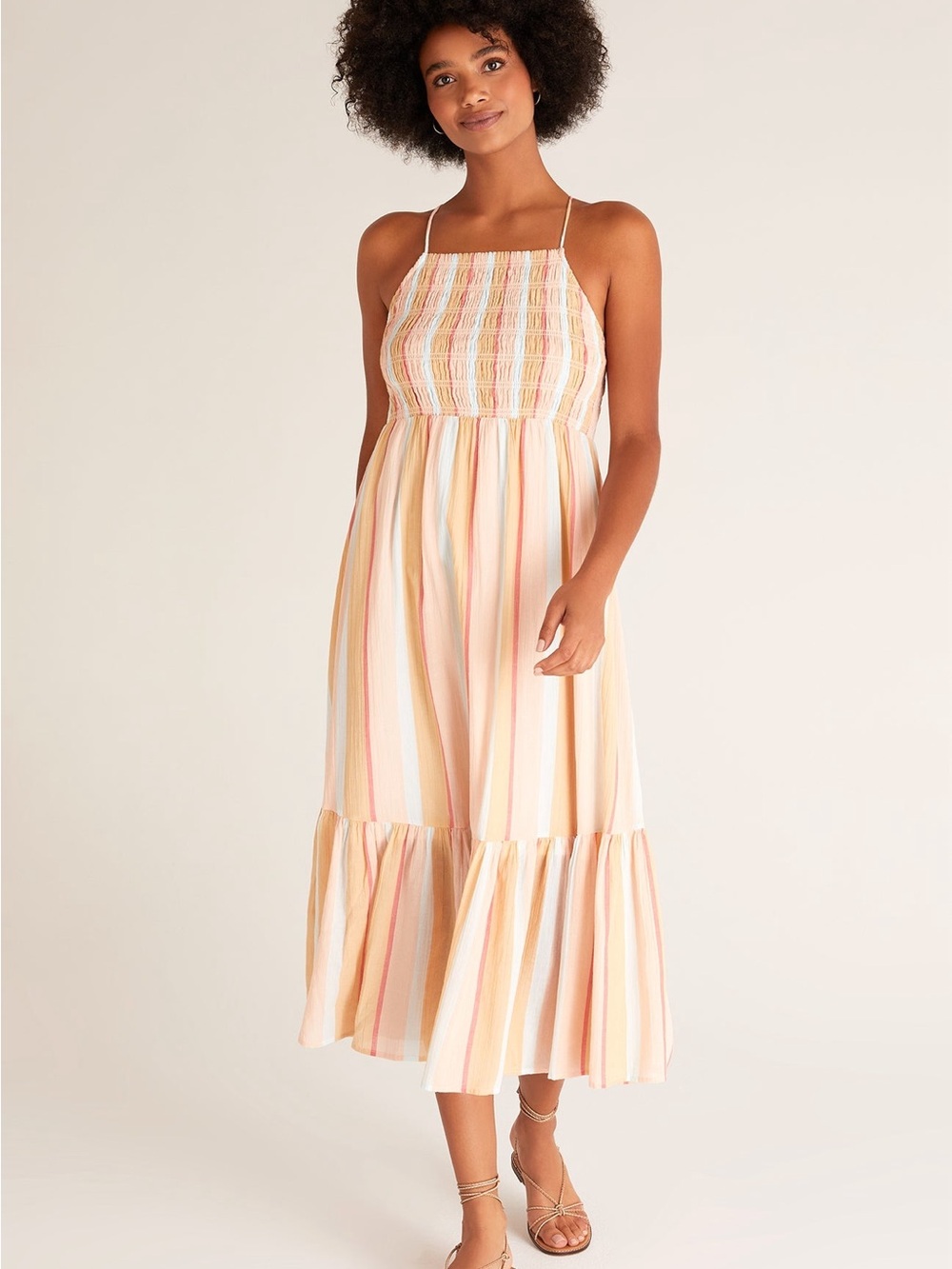 Z Supply Peach Multi Striped Smocked Midi Dress